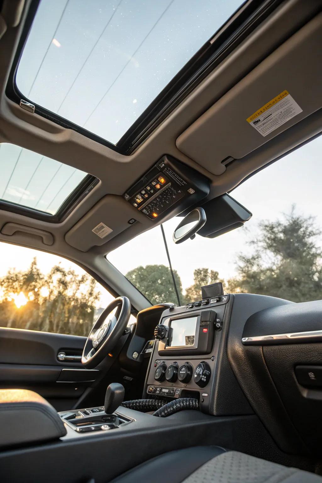 A fold-down sunroof console creates a sleek and hidden CB radio setup.