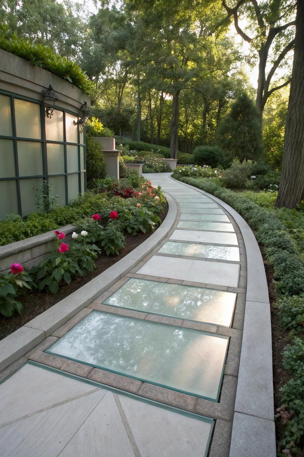 Elegant concrete walkway featuring hidden glass details.
