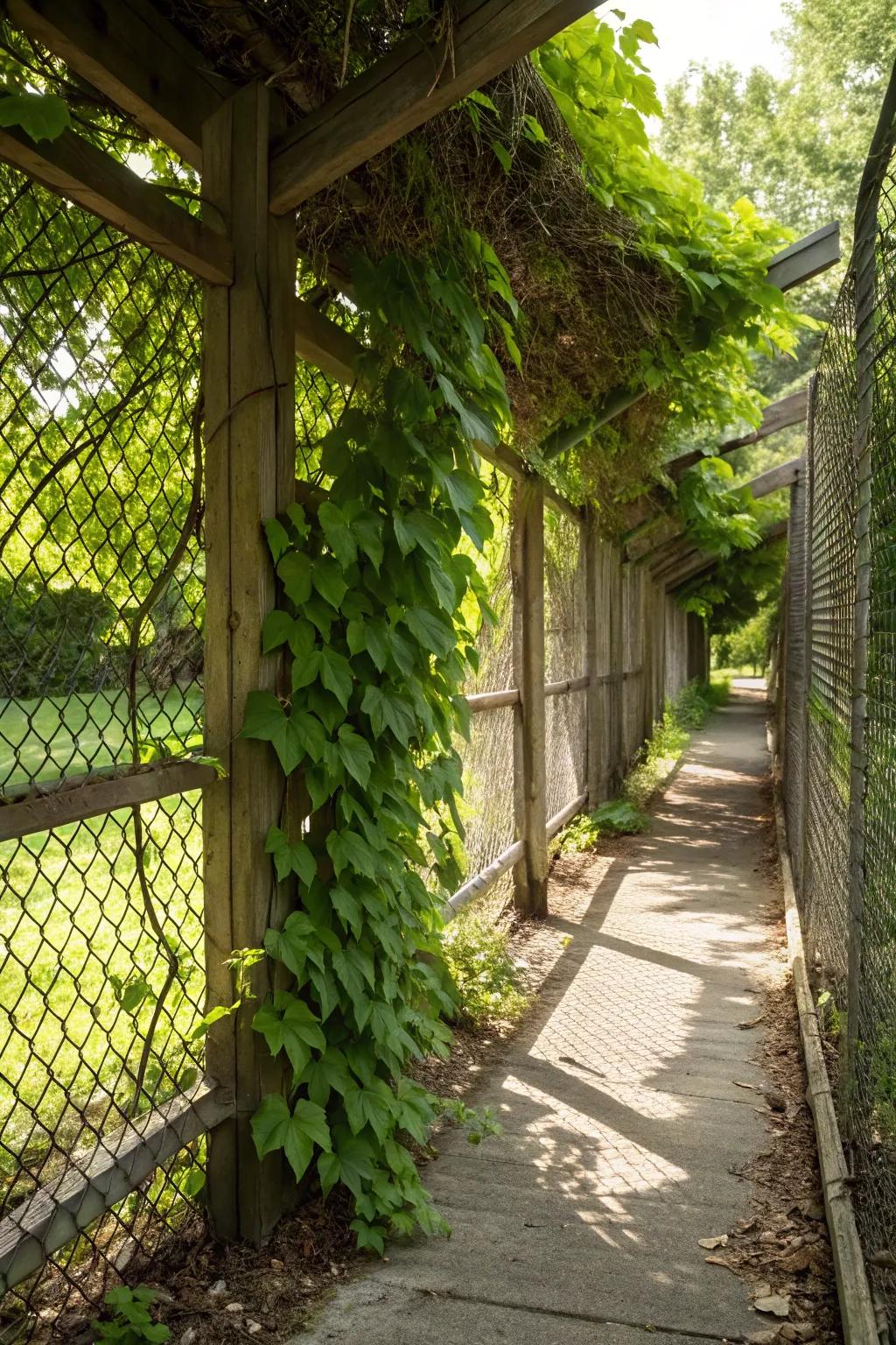 A vine-covered trellis transforms a simple fence into a garden masterpiece.