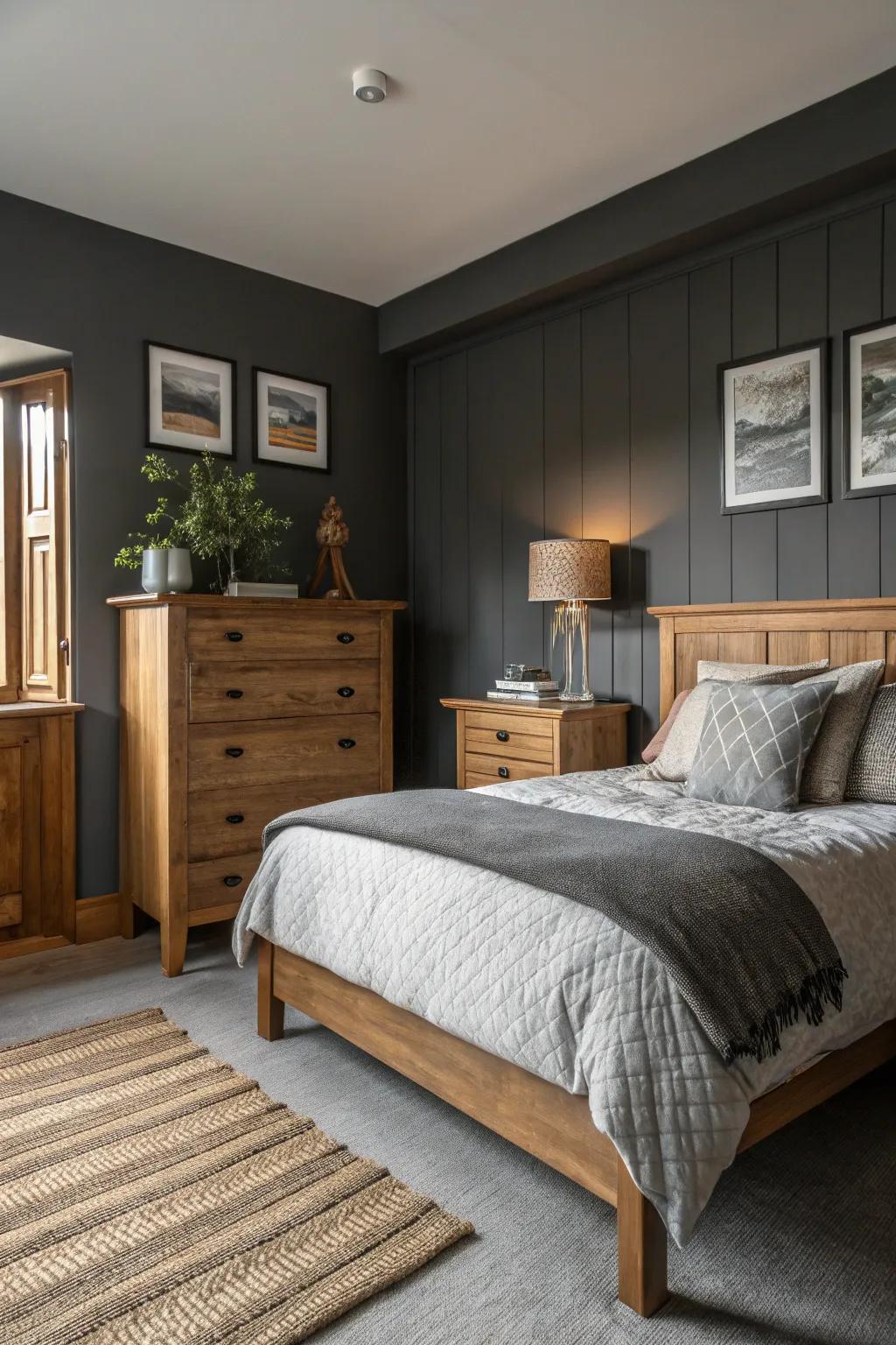 Warm woods bring coziness to a deep gray setting.