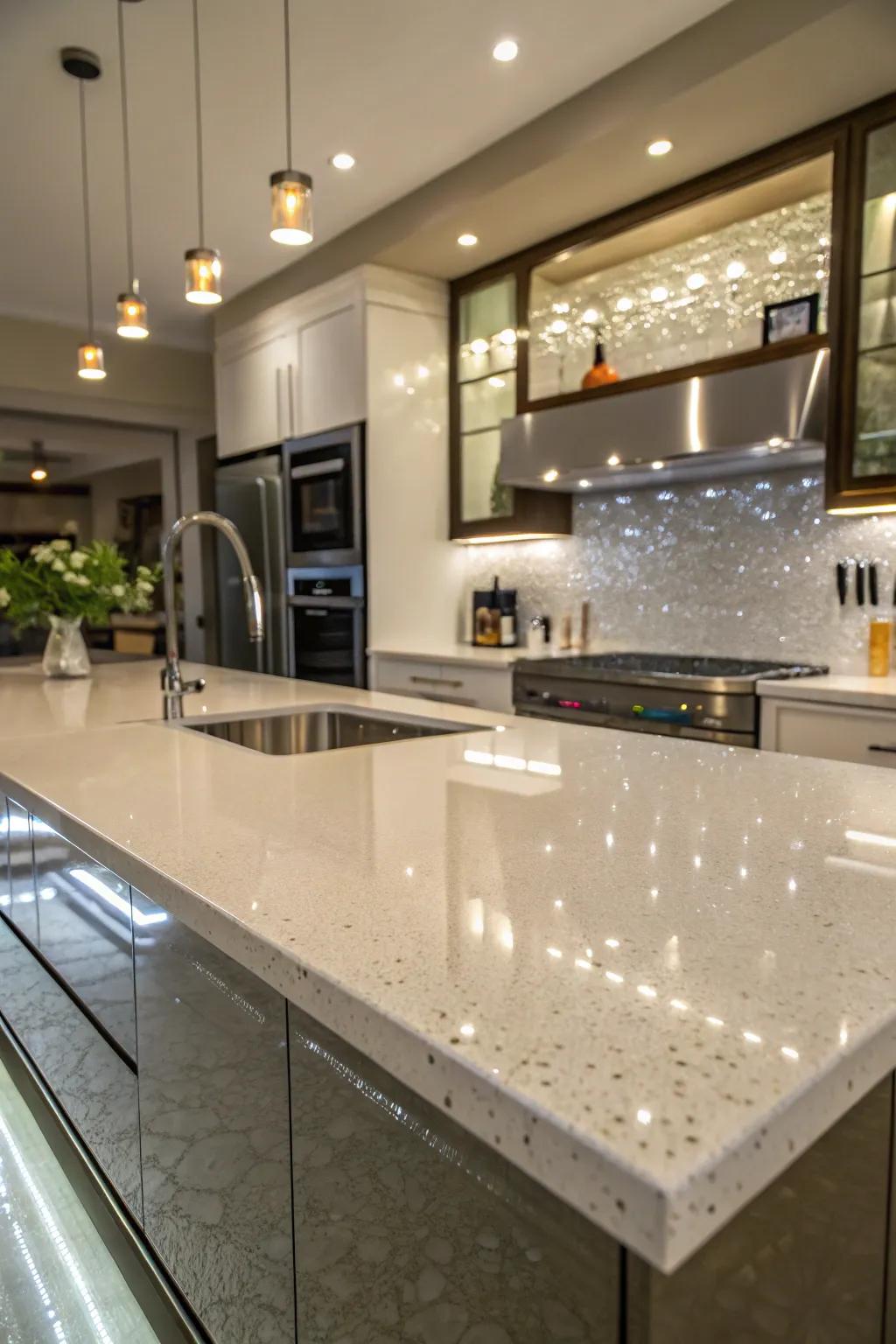 An artistic kitchen features high-gloss poured resin countertops.