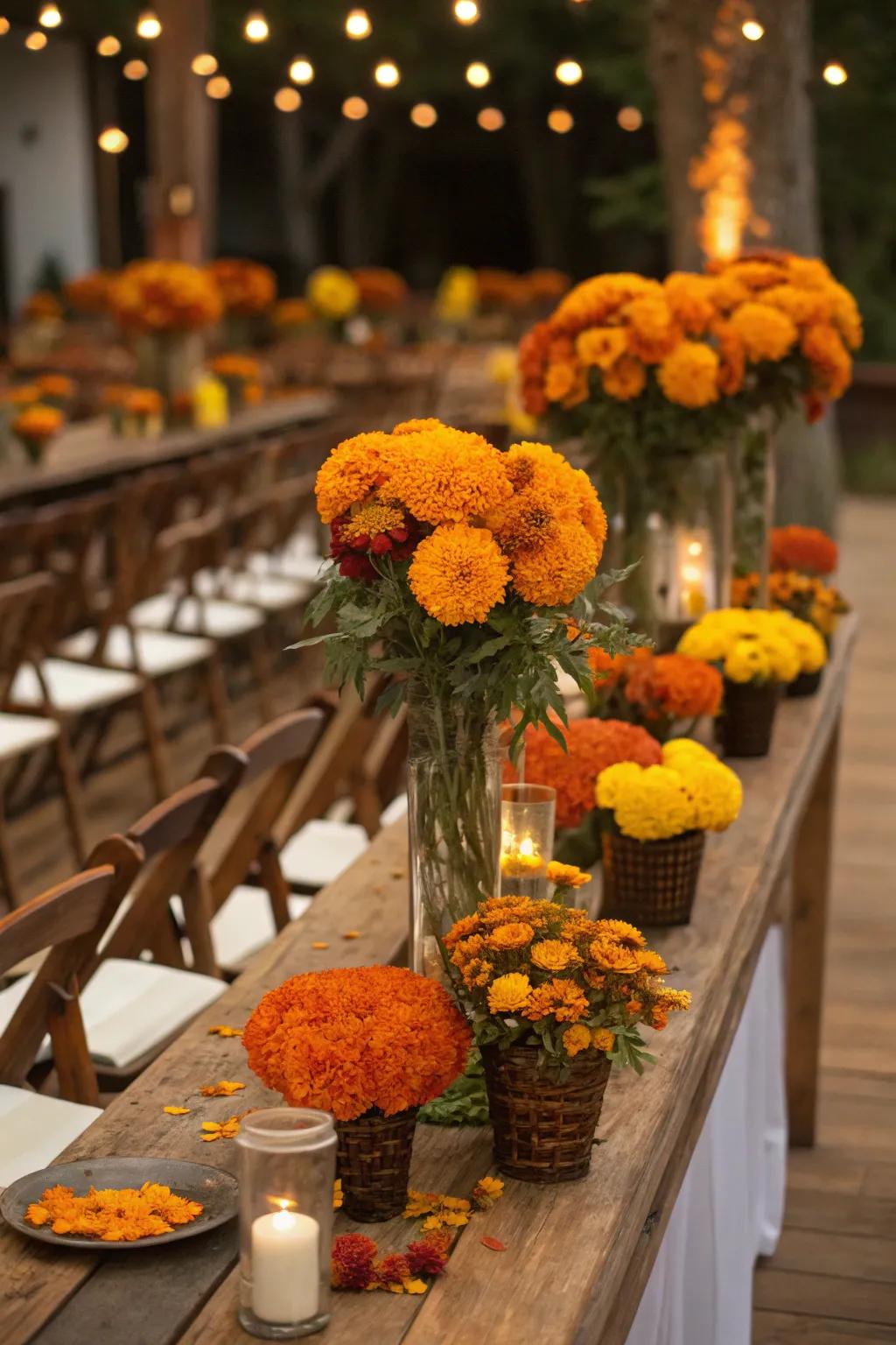 Golden blooms add warmth and affordability to wedding decorations.
