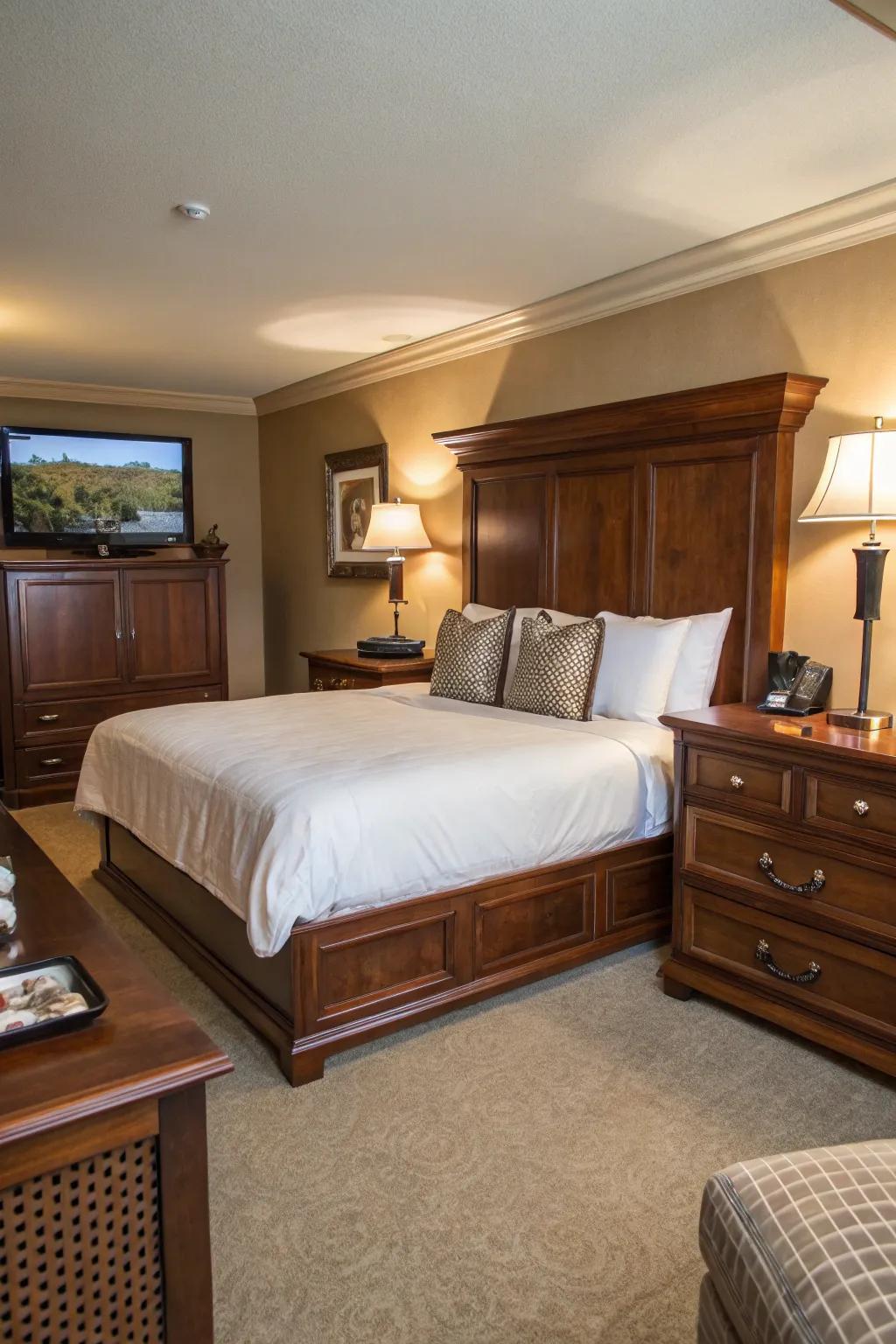 Smart technology adding modern functionality to a cherry wood bedroom.