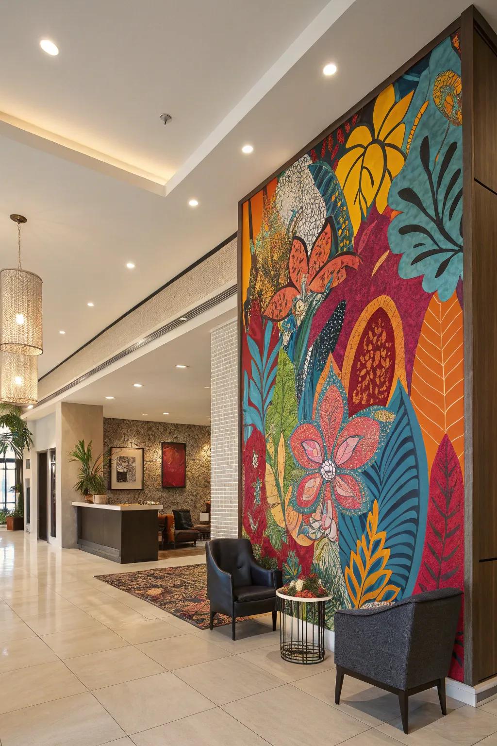 A feature wall with bold colors and patterns adding personality to the lobby.