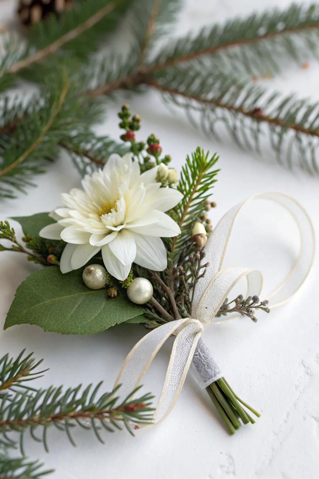 A chic minimalist Christmas corsage featuring an ivory bloom.