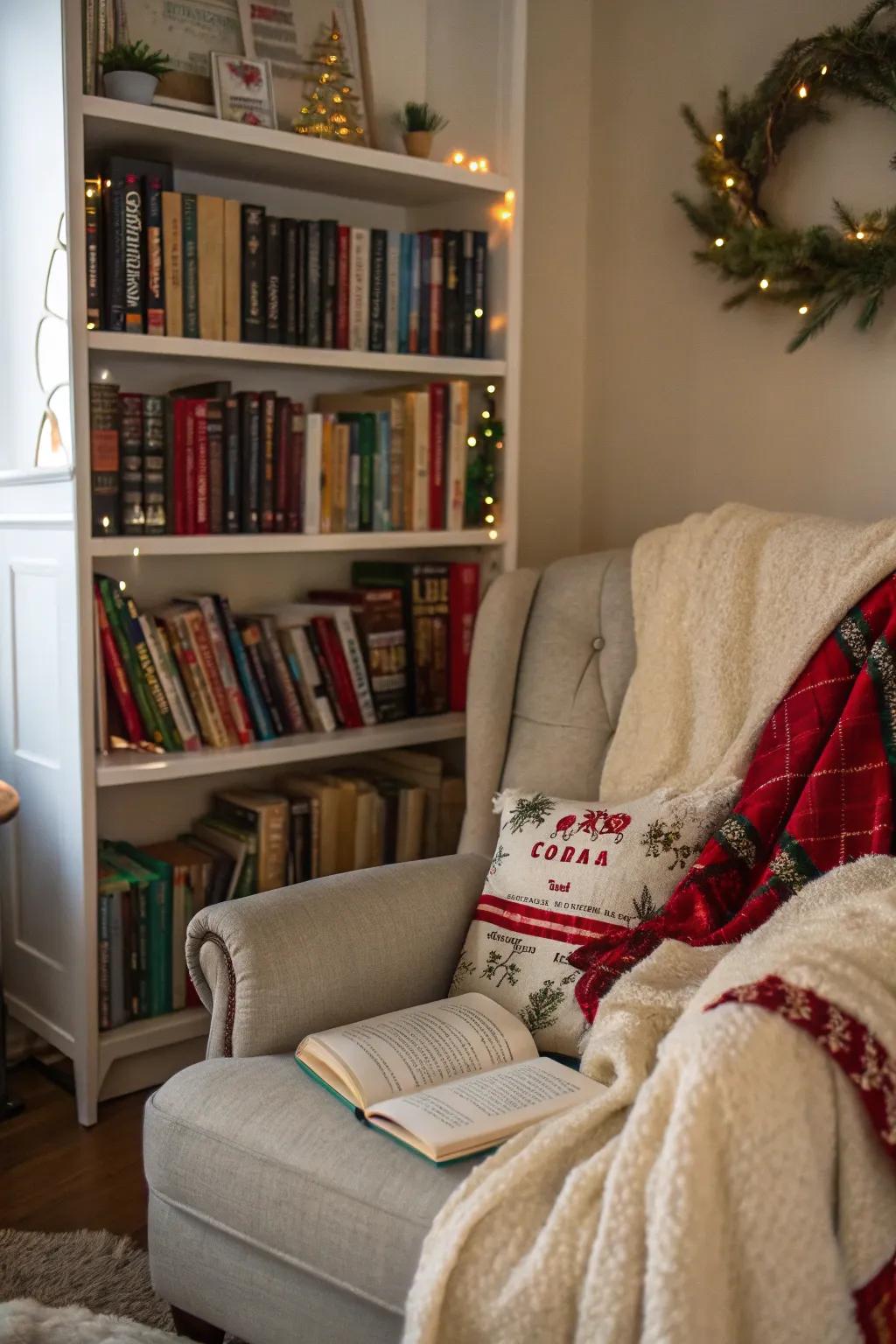 A cozy reading nook is perfect for relaxing during the holiday season.