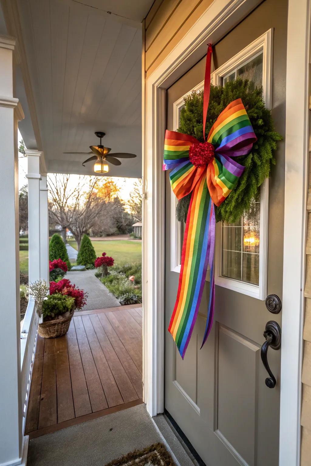 Brighten your holiday utilizing a rainbow banding bow.