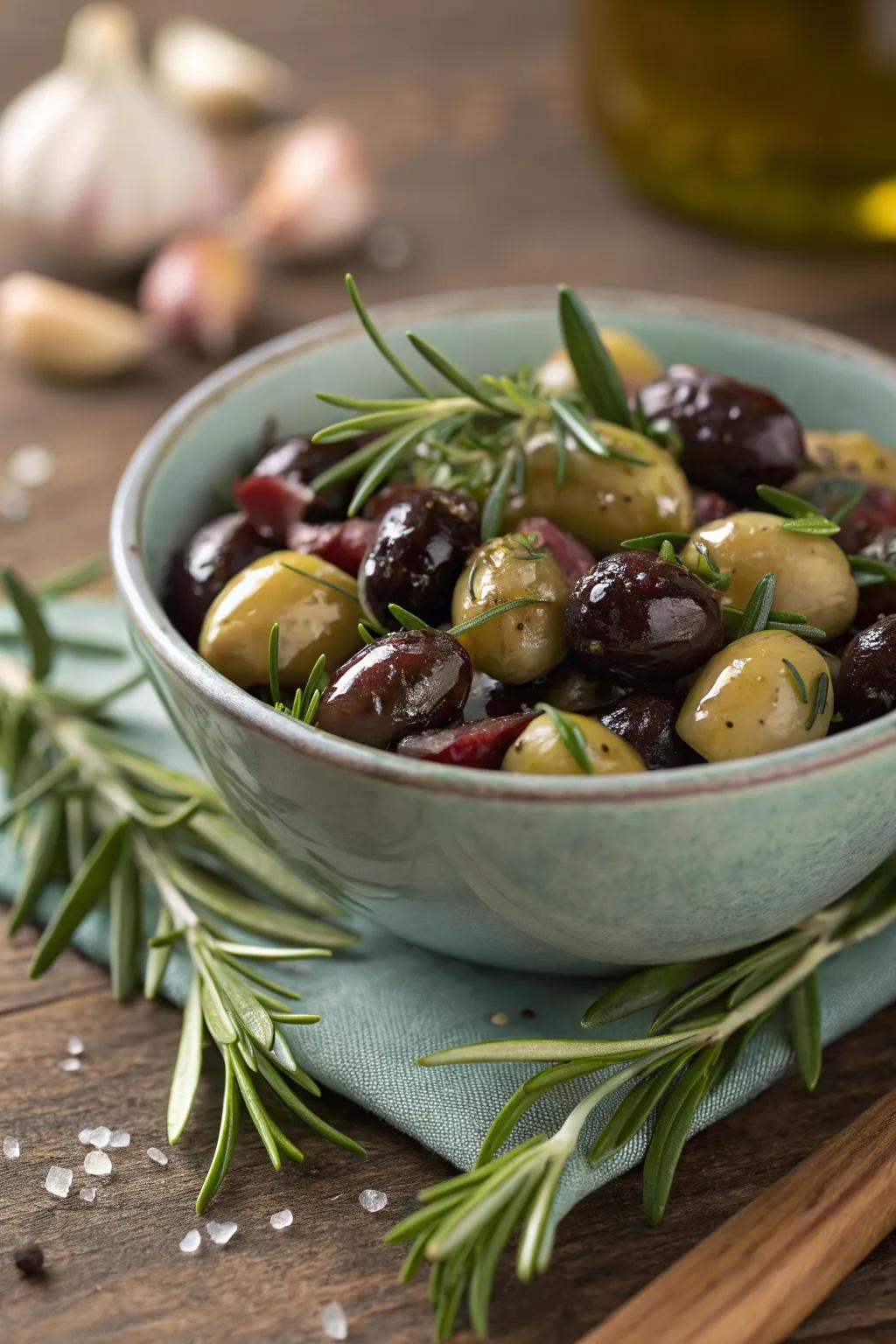Garlic olives are a flavorful addition.