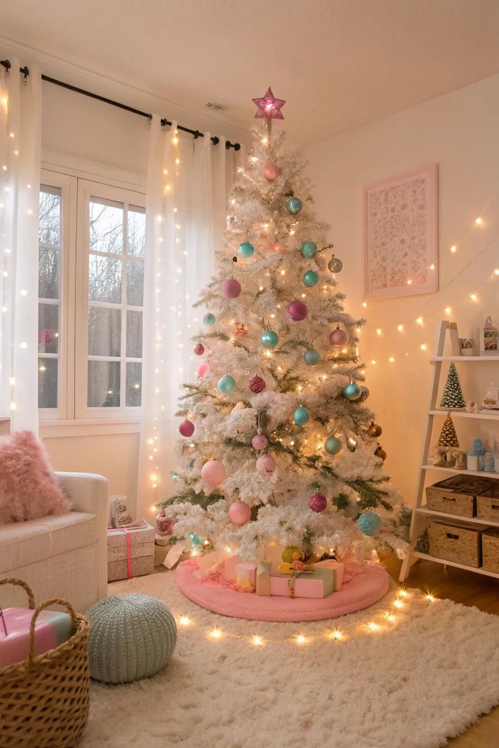 A dreamy Christmas tree showcasing pastel-tinted lights and decorations, ideal for a light-hearted celebration atmosphere.