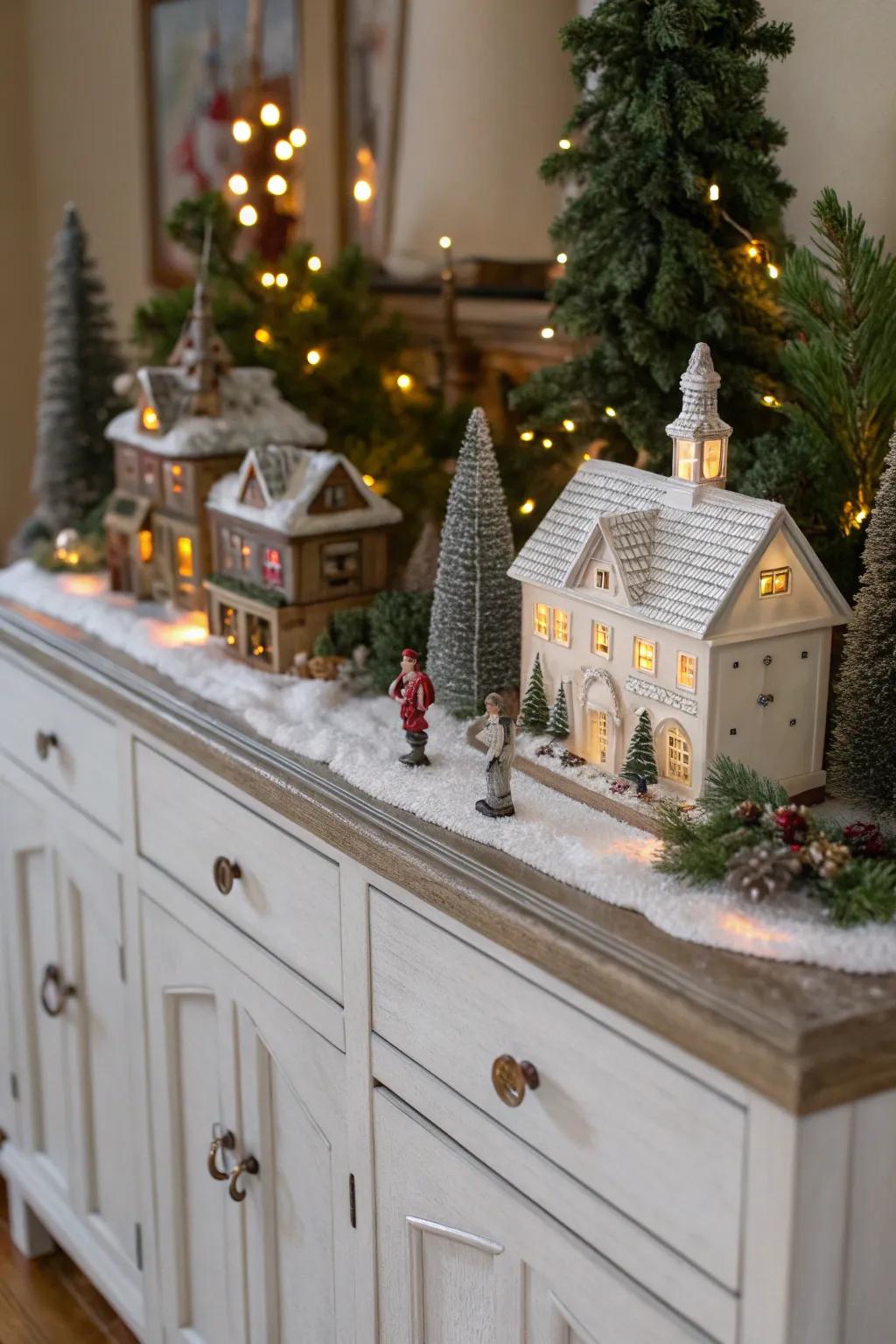 A delightful Christmas hamlet scene showcasing miniature dwellings and trees.