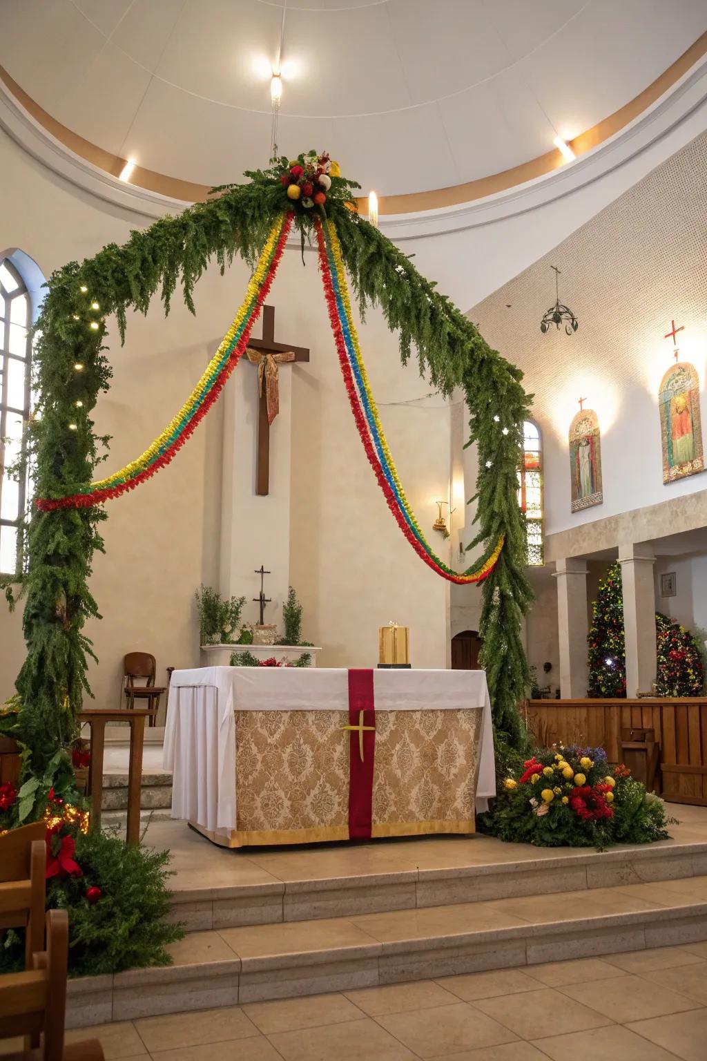 A place of worship decorated with festive wreaths, creating a joyous and welcoming atmosphere.