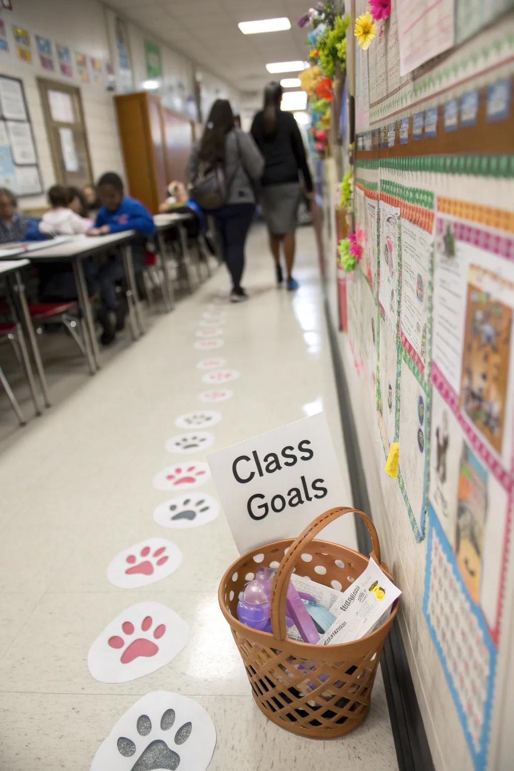 A treasure-themed bulletin board that features a bunny pathway that leads to successes.