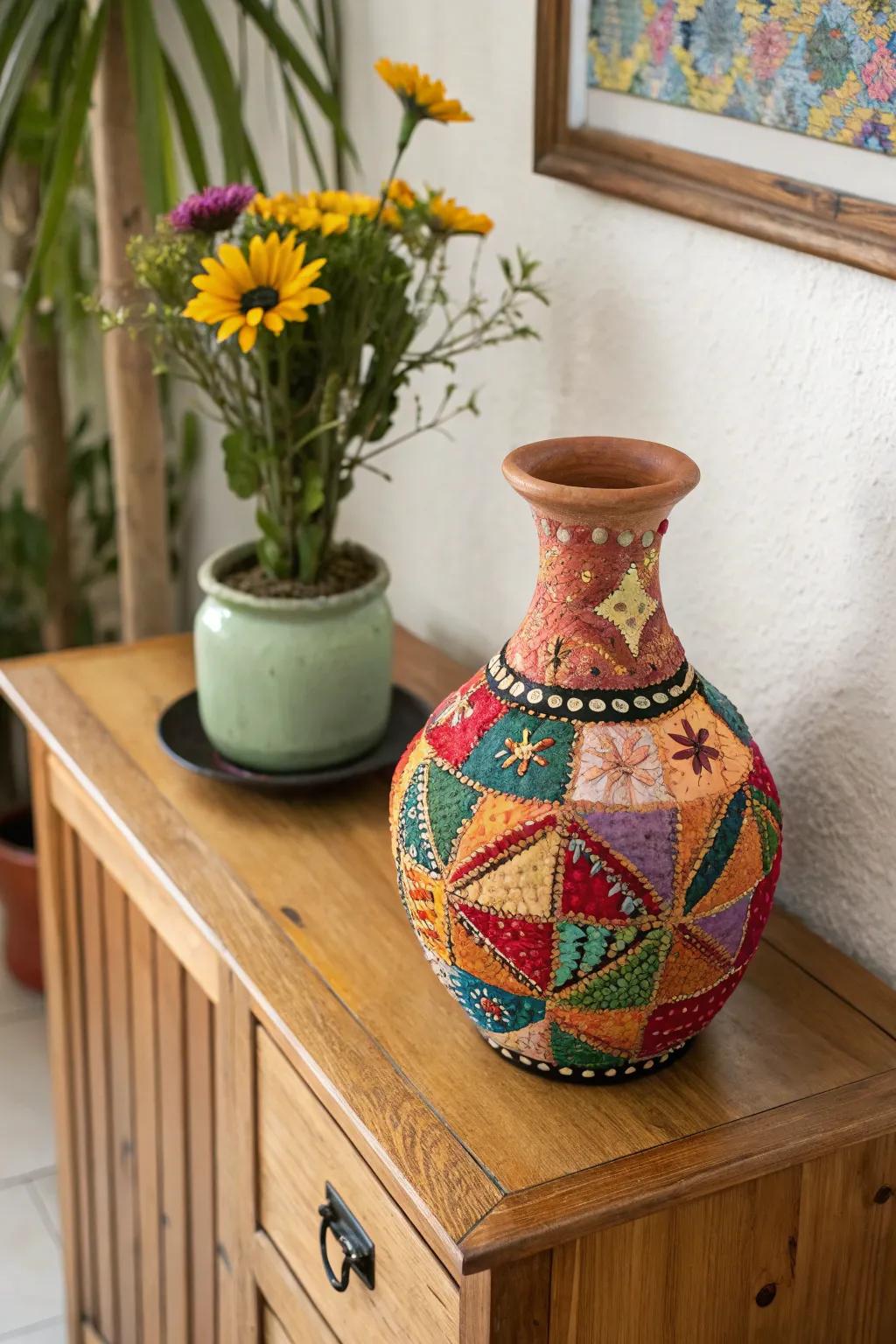 A patchwork design earthenware container adding diverse charm to a room.