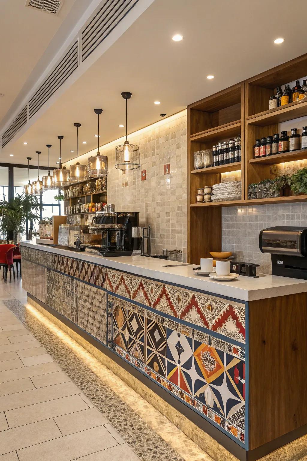 An eye-catching backsplash adds drama and depth to your coffee station.