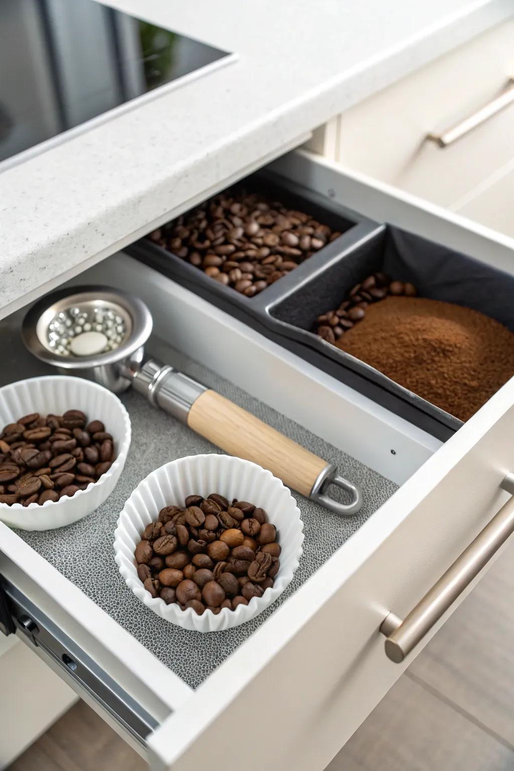 A minimalist aesthetic keeps your coffee drawer uncluttered and serene.