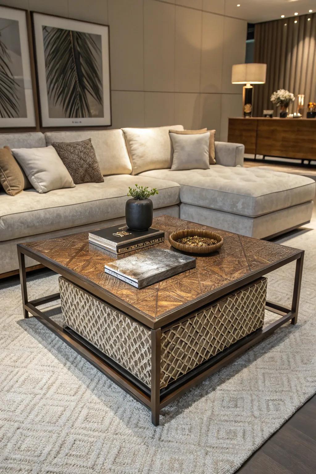 A mixed-material coffee table brings texture and depth to a modern living space.