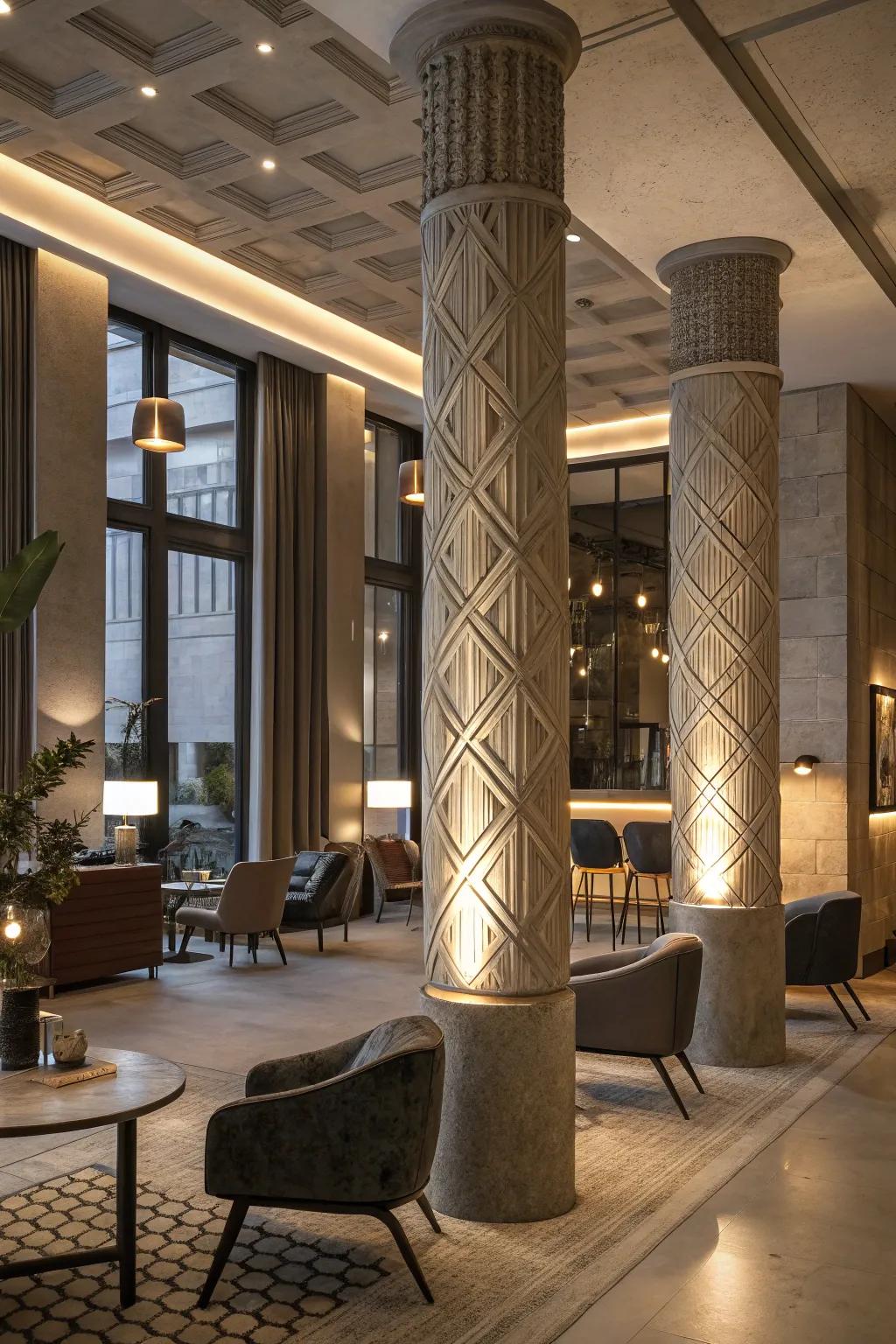 Textured columns adding depth and interest to a contemporary space.