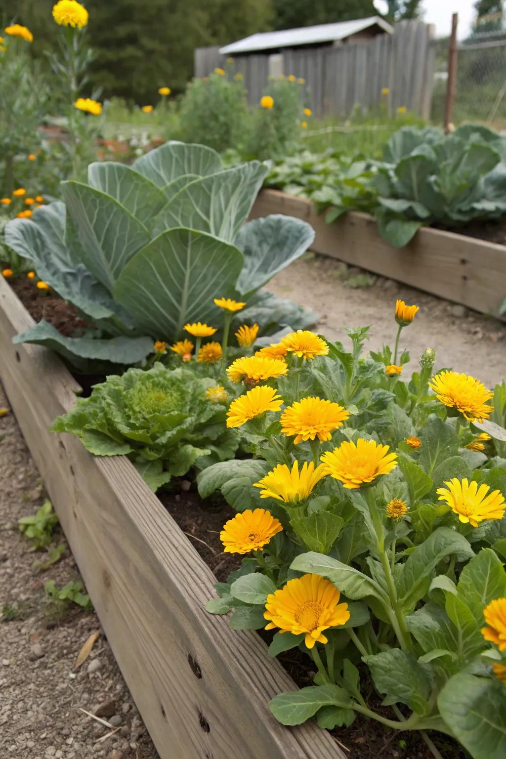 Pot marigolds and cruciferous plants, a colorful and pest-repelling garden pairing.