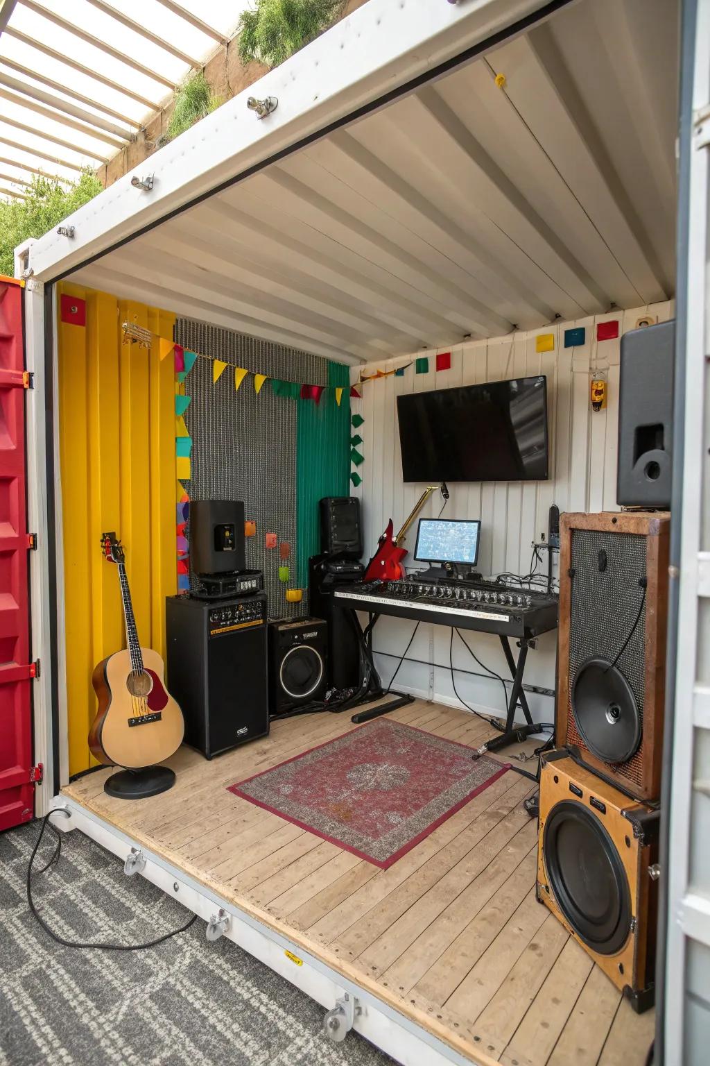 In a dedicated area, a container music studio allows musicians to compose and rehearse.