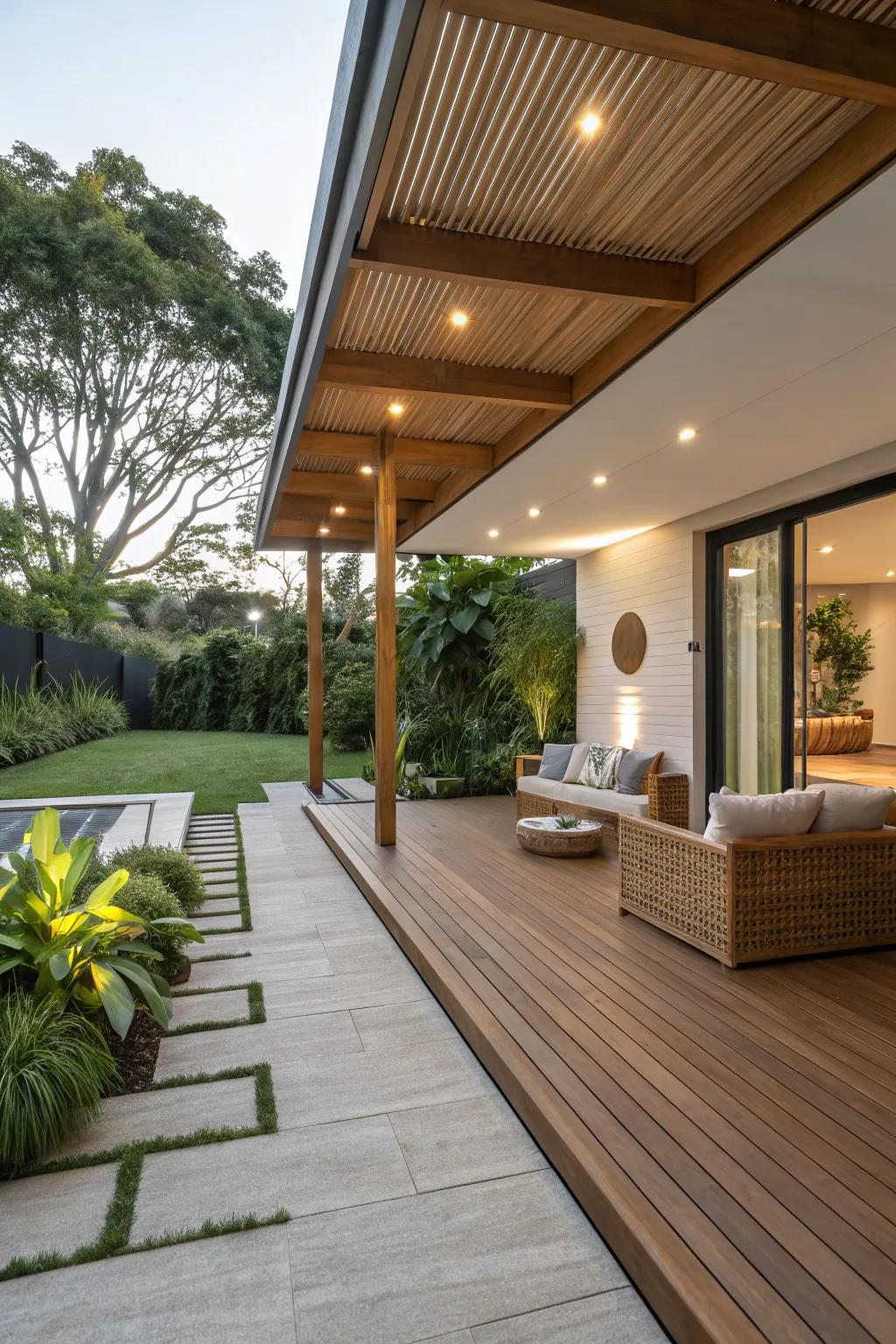 Eco-conscious materials are used on a modern sustainable patio.