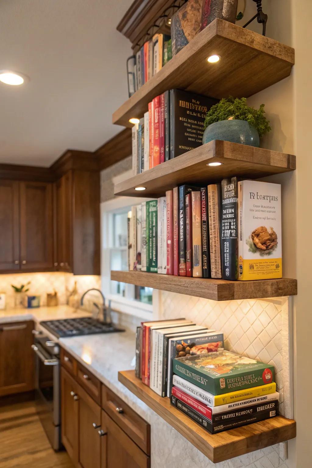 Floating corner shelves turn awkward spaces into storage.