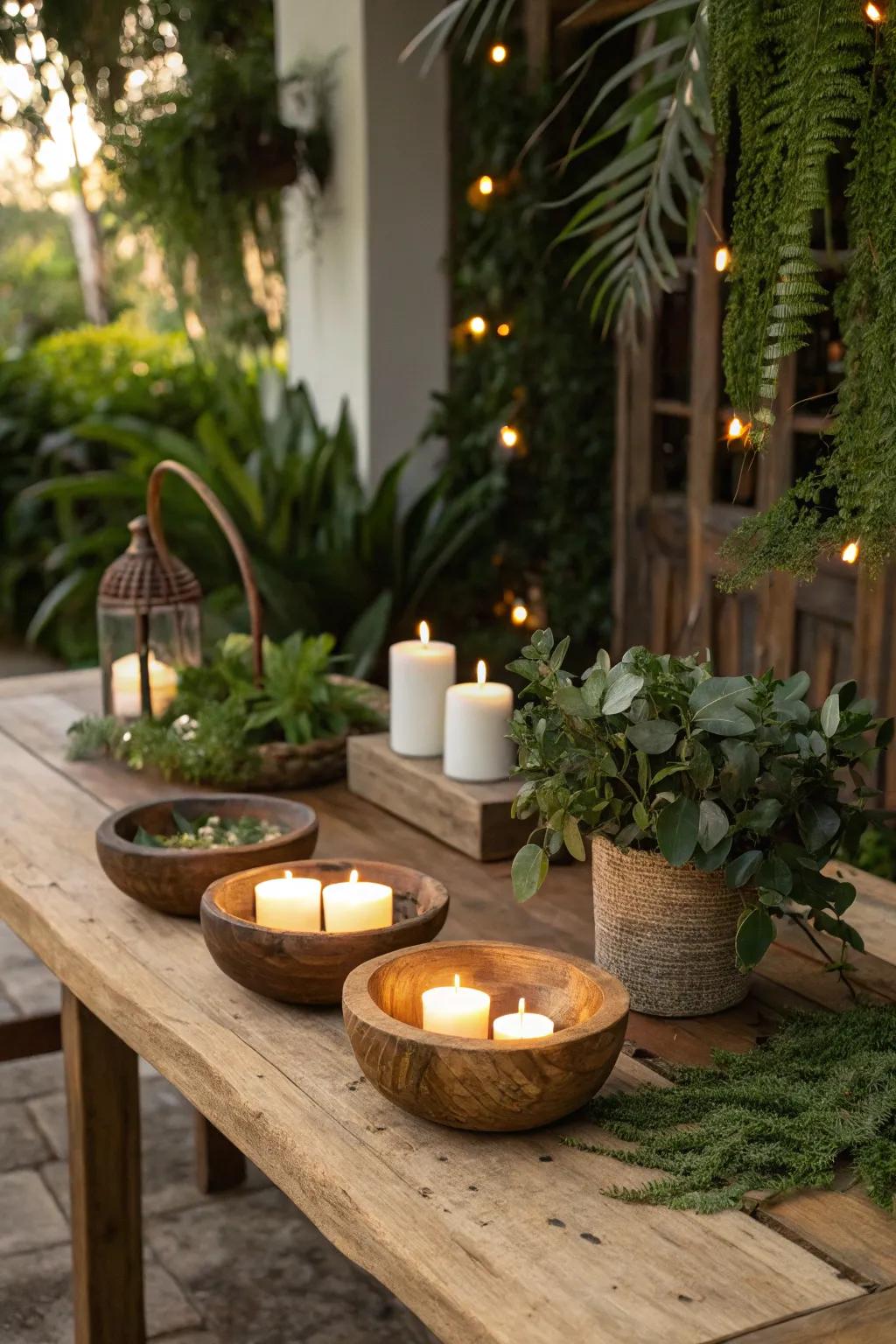 Wooden bowl candles add rustic charm to your decor.