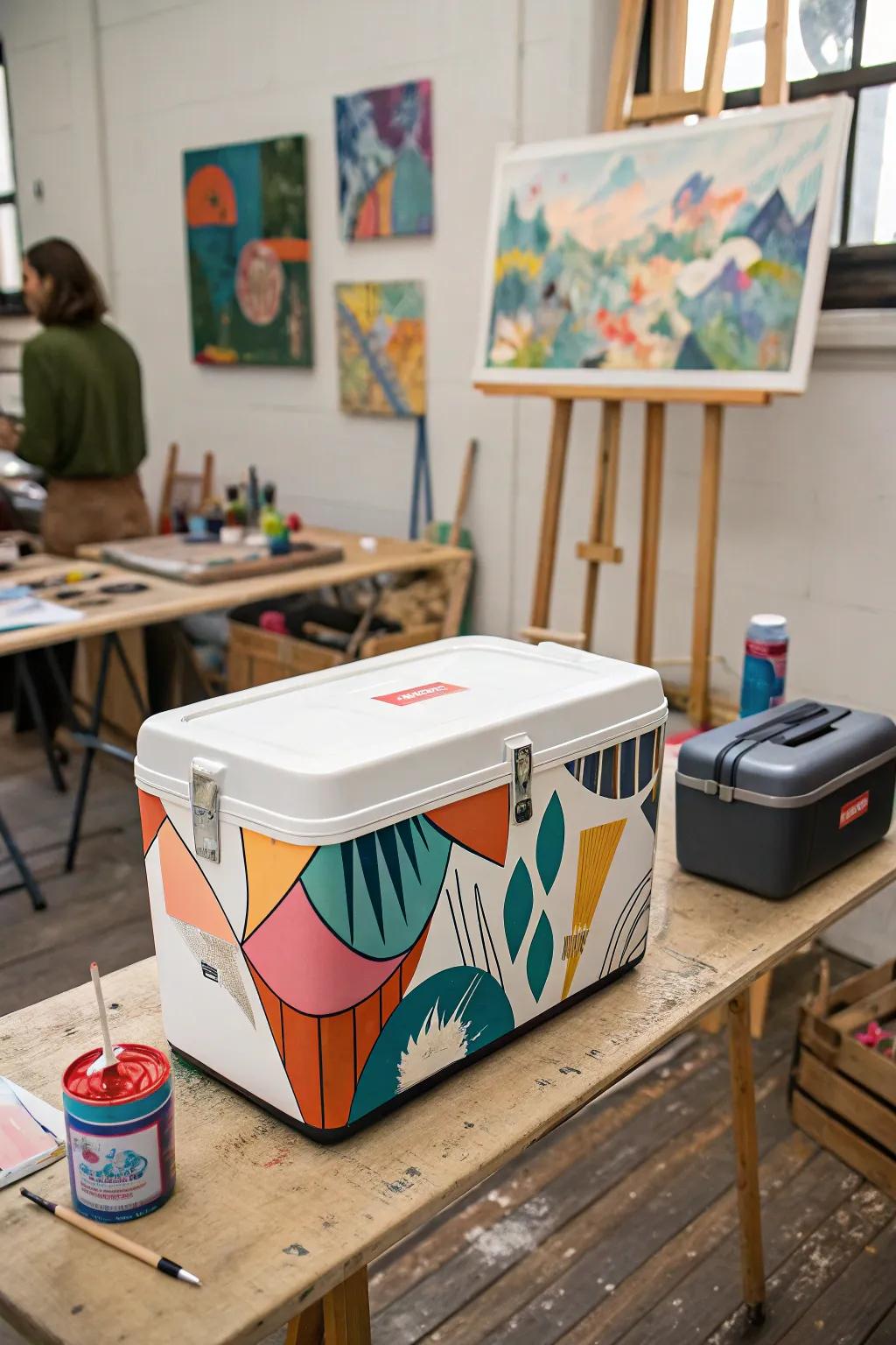 A cooler transformed into an abstract art masterpiece.