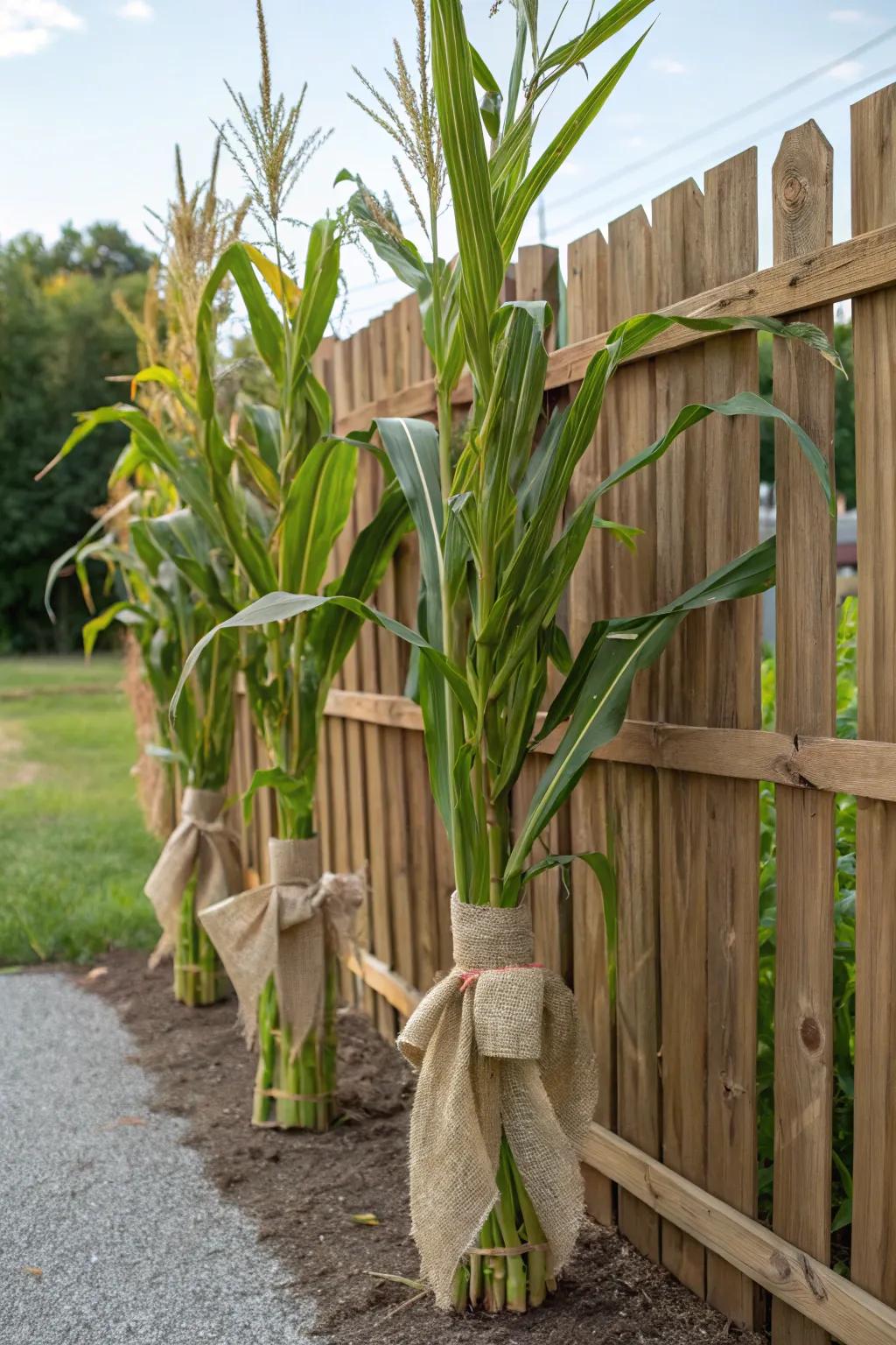 Achieve a chic, country visual through dried corn stalks that are fastened with burlap.