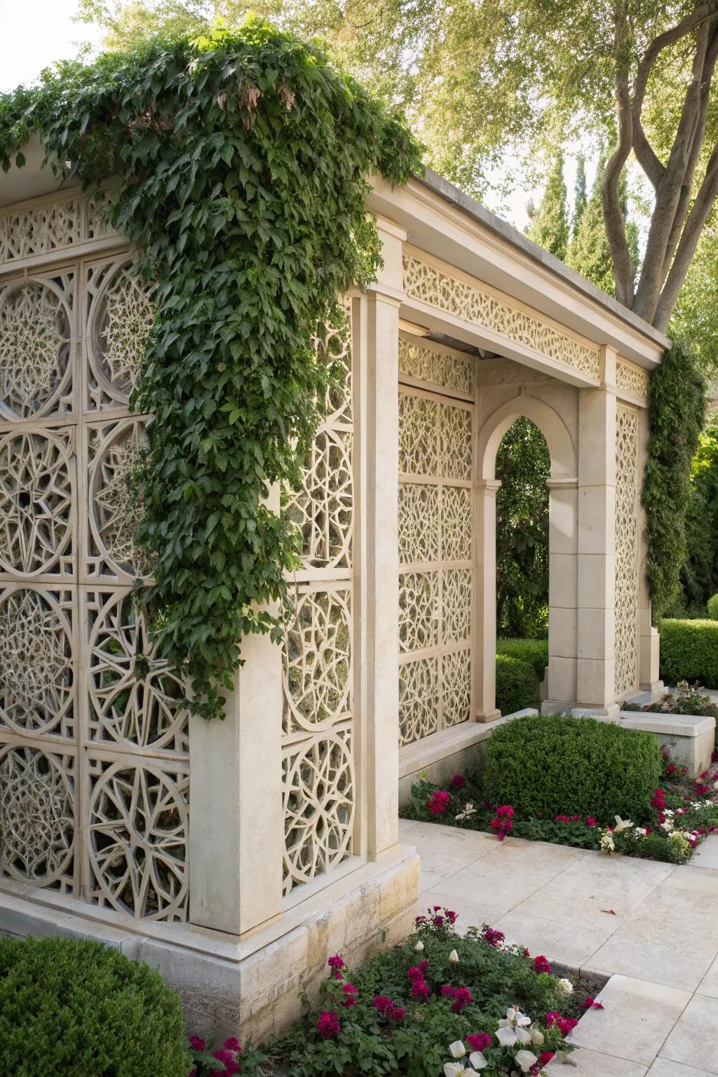 A trellis featuring intricate geometric motifs, thus introducing visual interest.