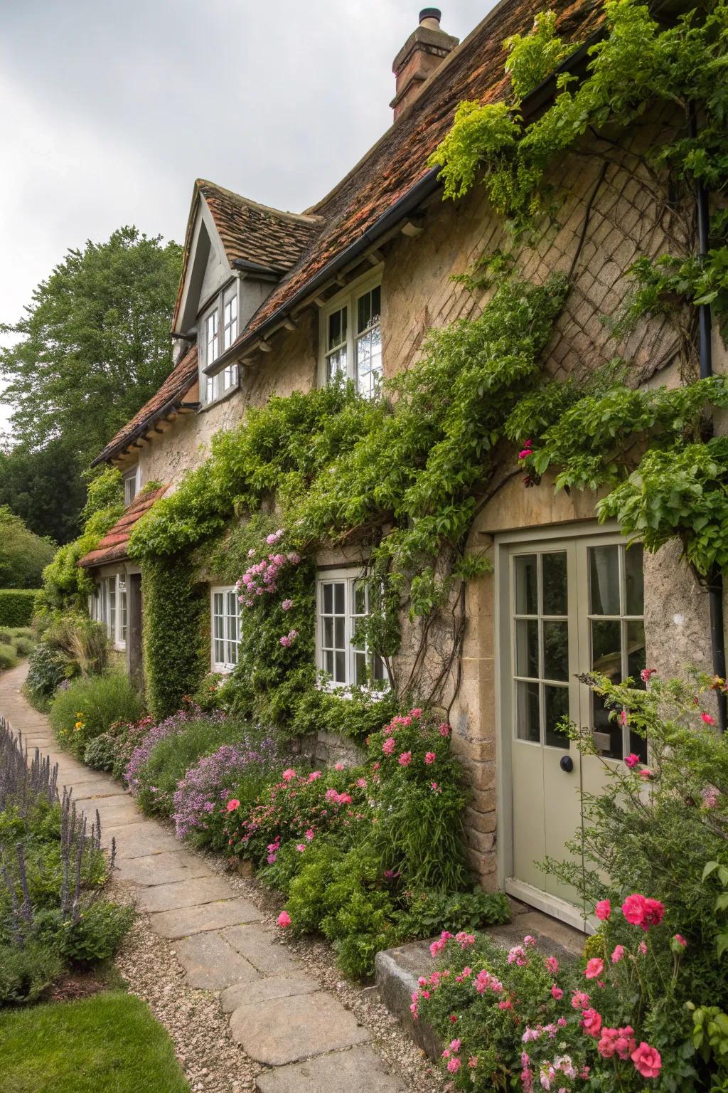 Climbing plants add a hint of enchantment to a cottage exterior.