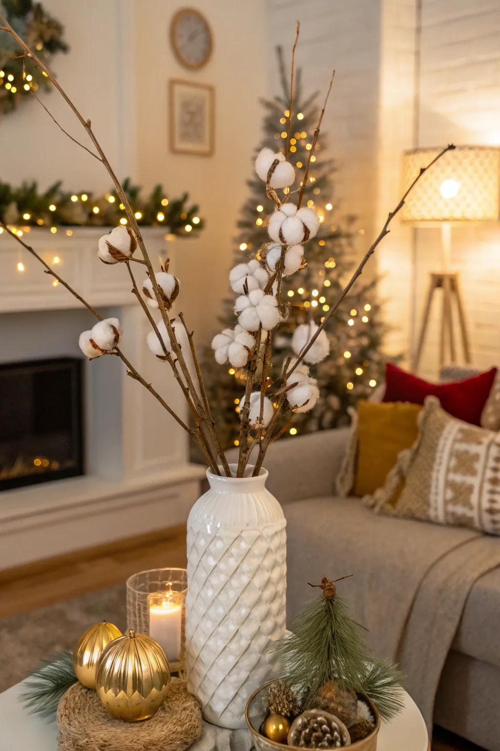 Seasonal sparkle with gold and cotton stems.