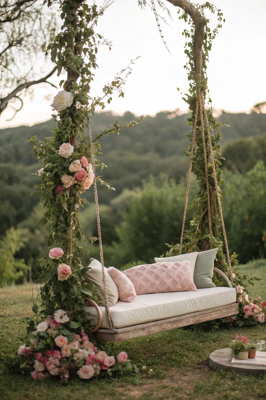 A whimsical cushioned swing enshrouded in vines at a countryside wedding.