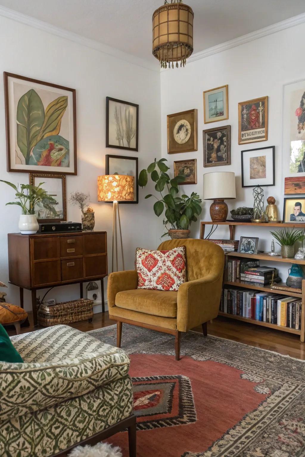 Unique decor adds warmth and personal touch.