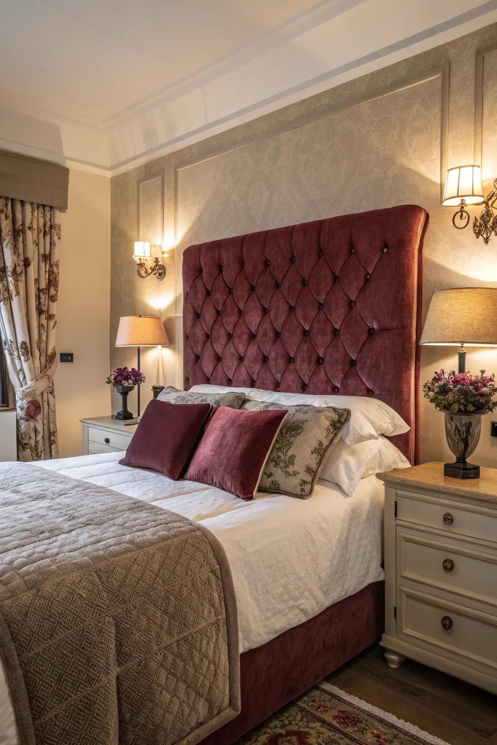 Velvet decor enhances the plush and luxurious feel of the bedroom.