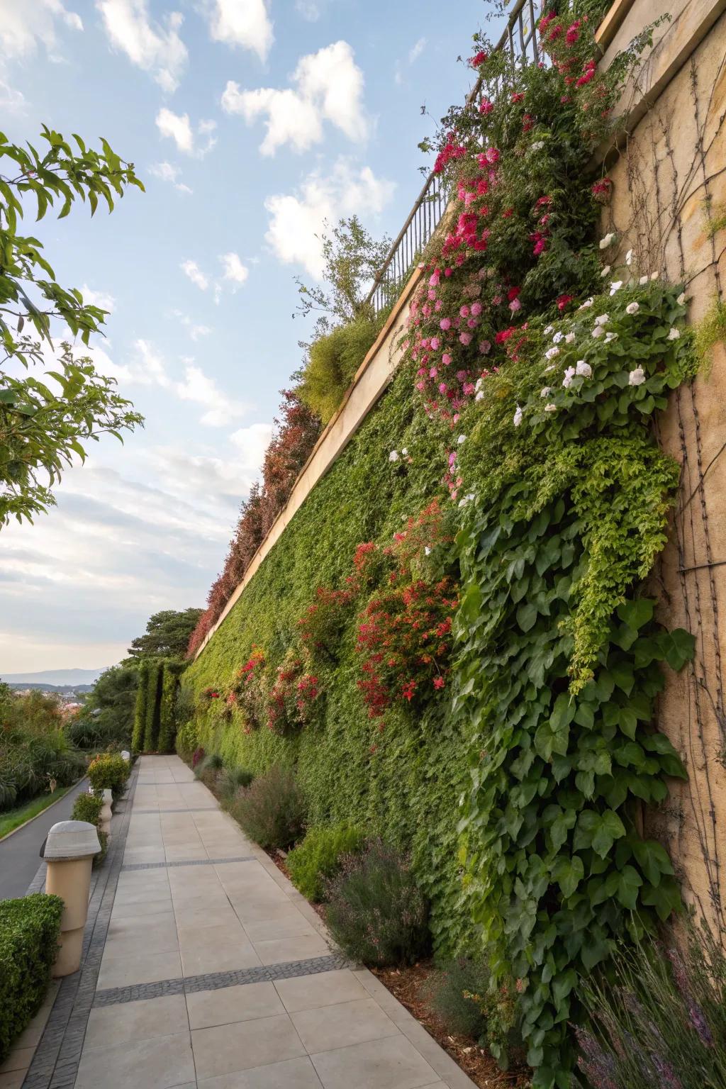 Vertical gardens create a lush, living wall.