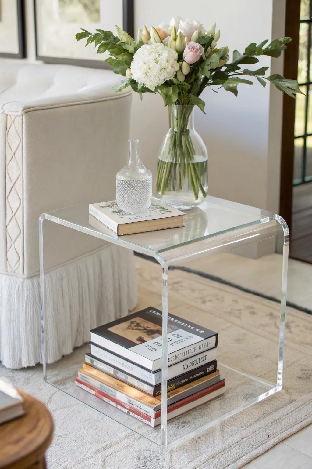 Transparent furniture parts offer stylish and subtle book storage.