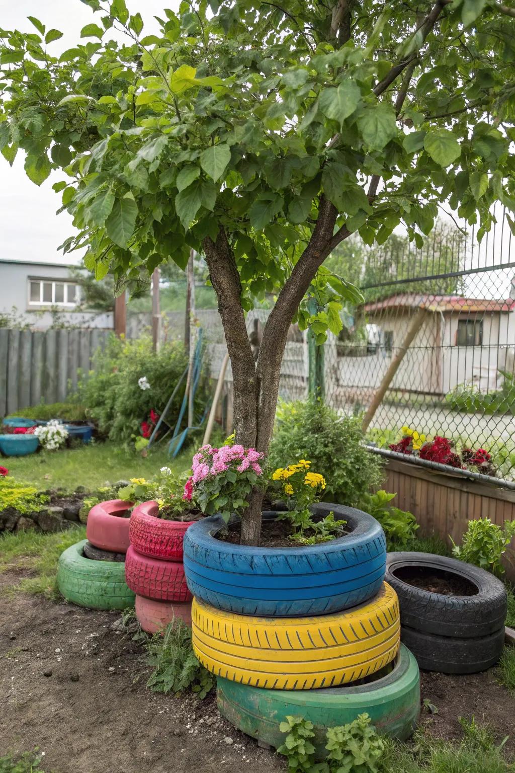 Innovative tire flower pots delivering support for tree development.
