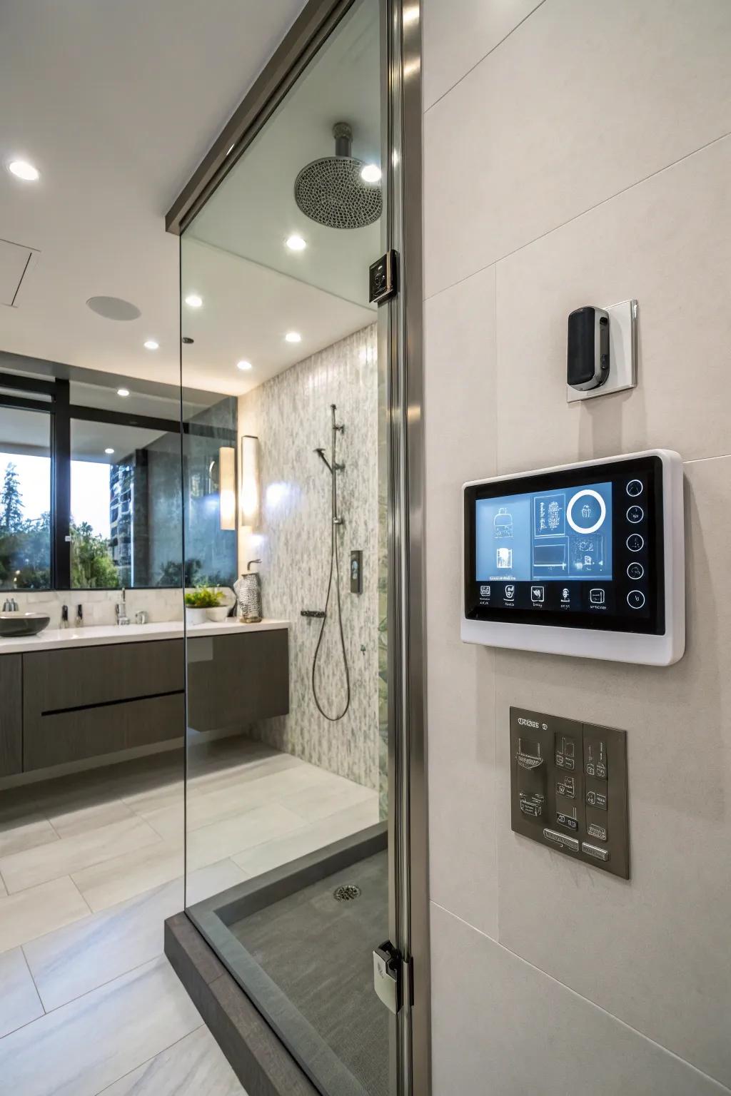 Smart controls make this shower without a curb a high-tech and convenient oasis.