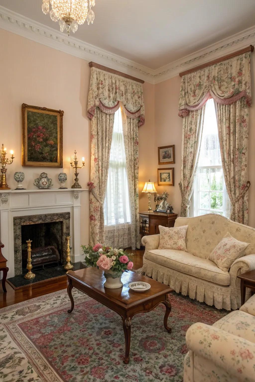 Old-fashioned floral drapes offer timeless charm and elegance.
