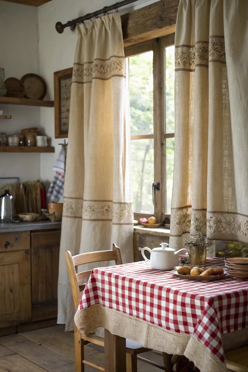 Rustic kitchen curtains showcasing textured burlap trims.