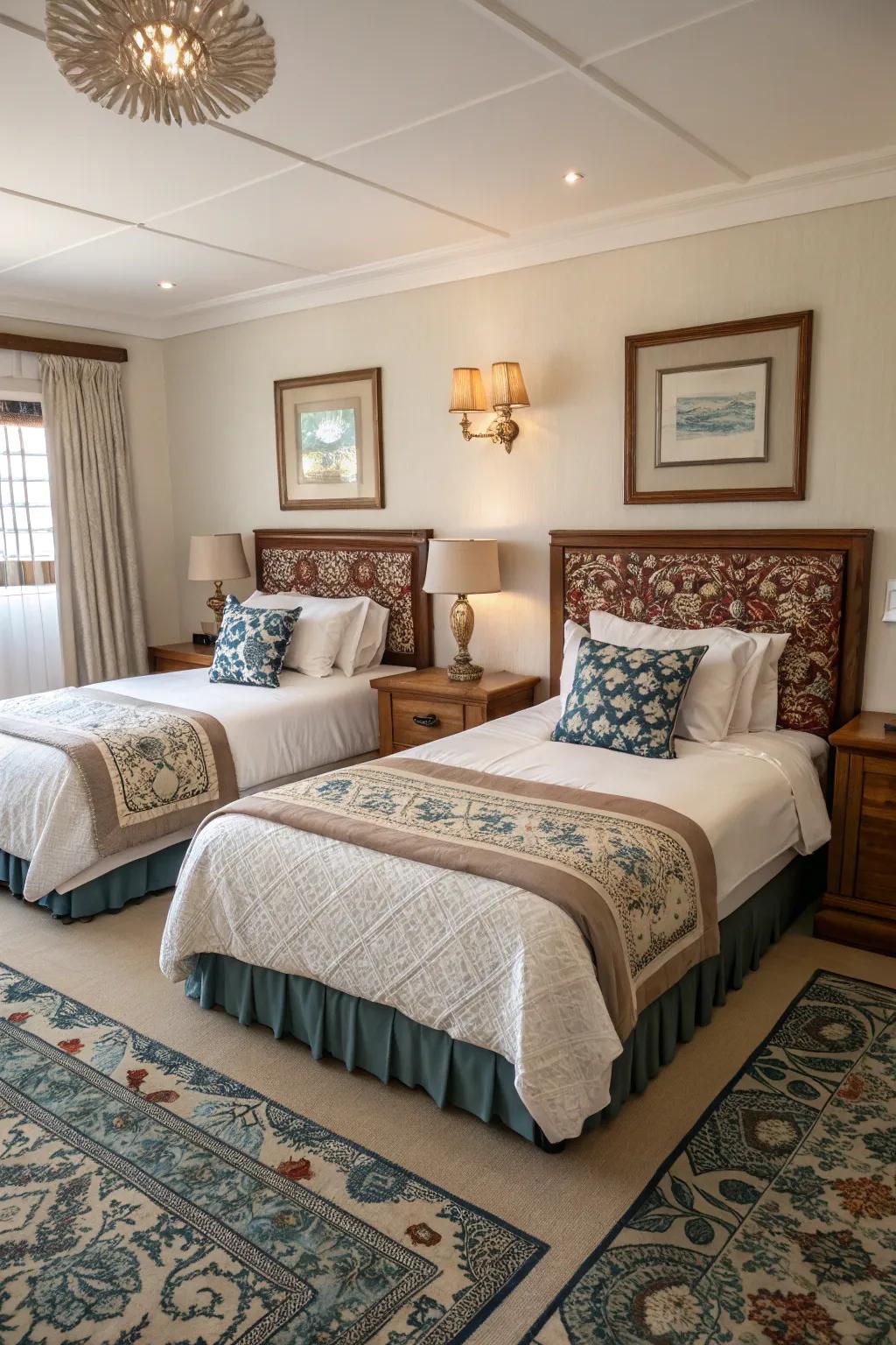 Symmetrical matching beds create a balanced and elegant look.