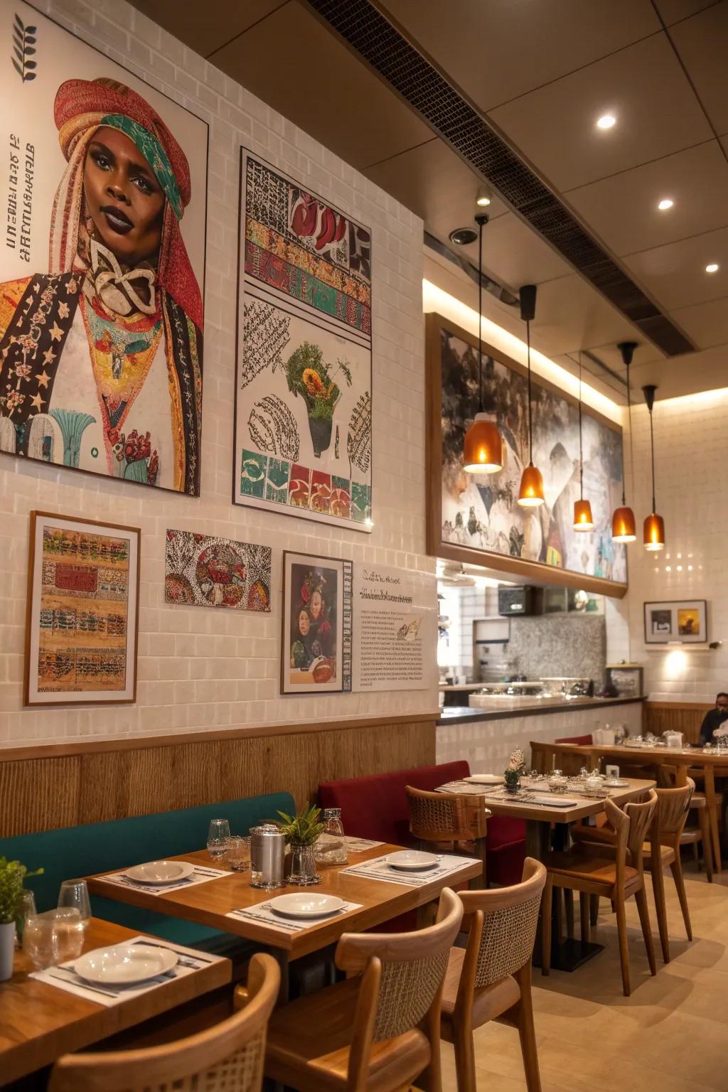 Ethnic art posters adding depth to a dining area.