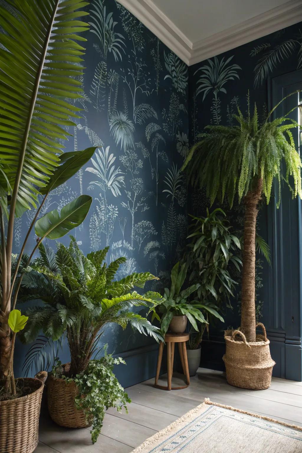 Create a tropical escape with exotic deep blue wall coverings.