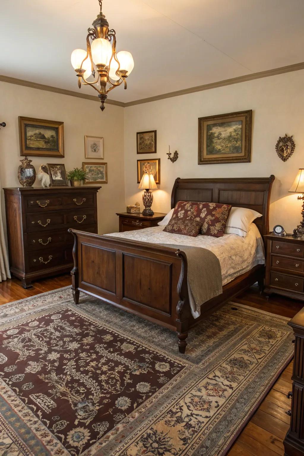 Vintage items enrich dark interiors.