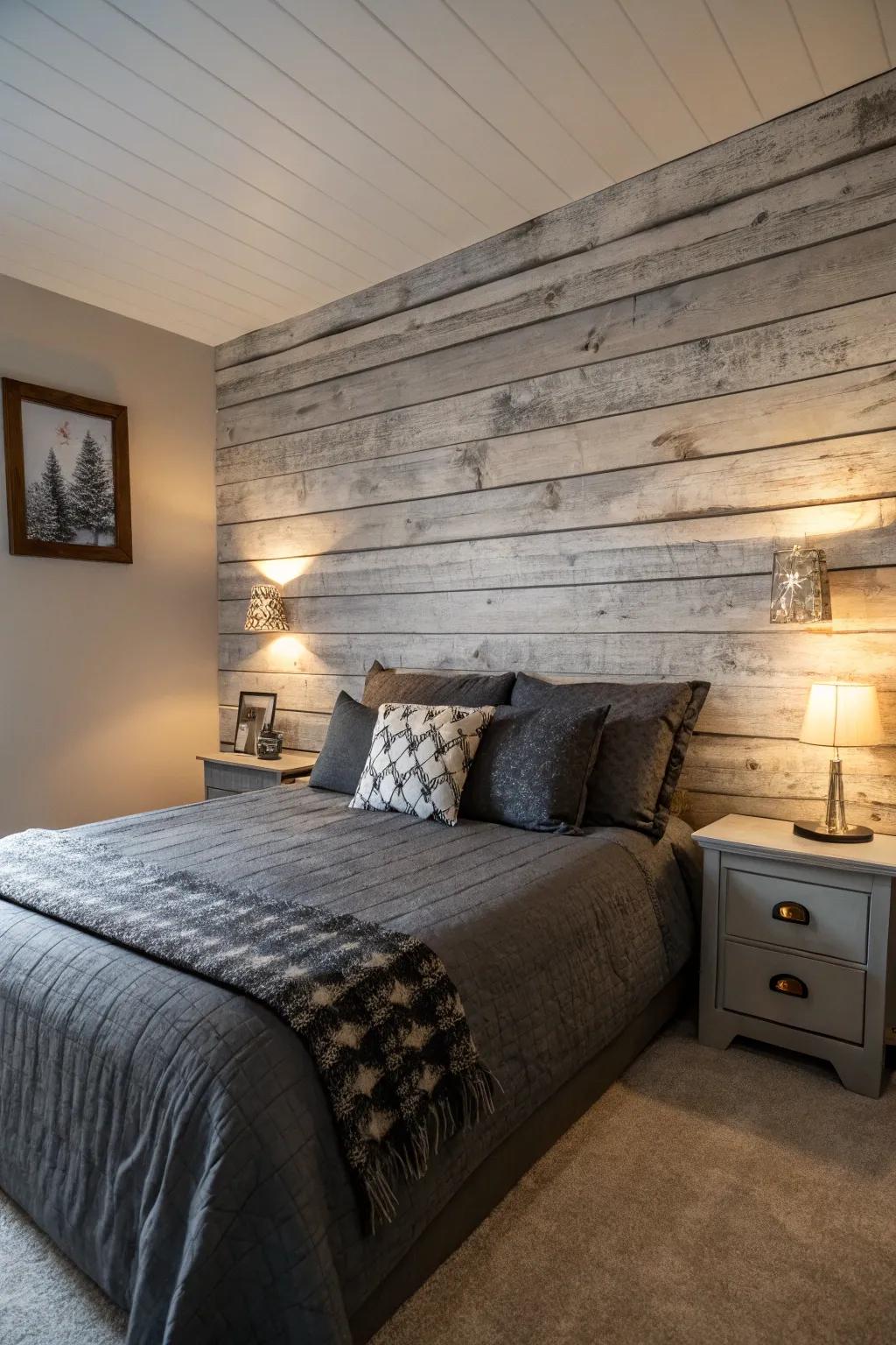 The charcoal bedding is beautifully complemented by festive rustic wall art.