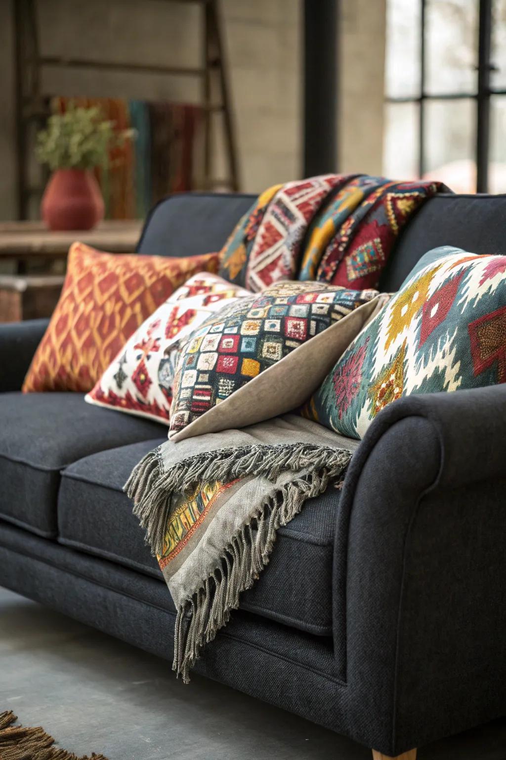 Mixing patterns adds a playful touch to a grey couch setting.