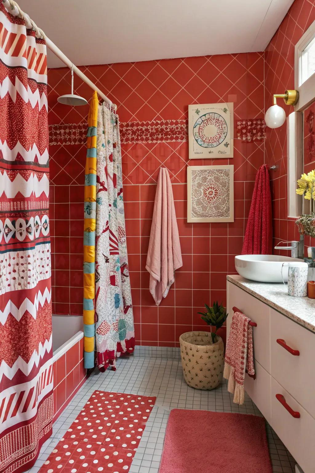 Eclectic red patterns bring playfulness and creativity to your bathroom.