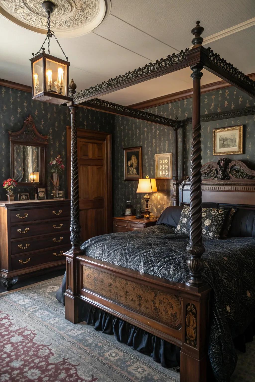 Dimly lit bedding with elaborate designs ties together the vintage aesthetic.