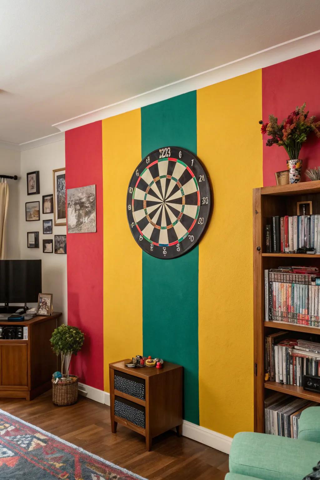 Color blocking brings a bold and vibrant look to your dart board wall.