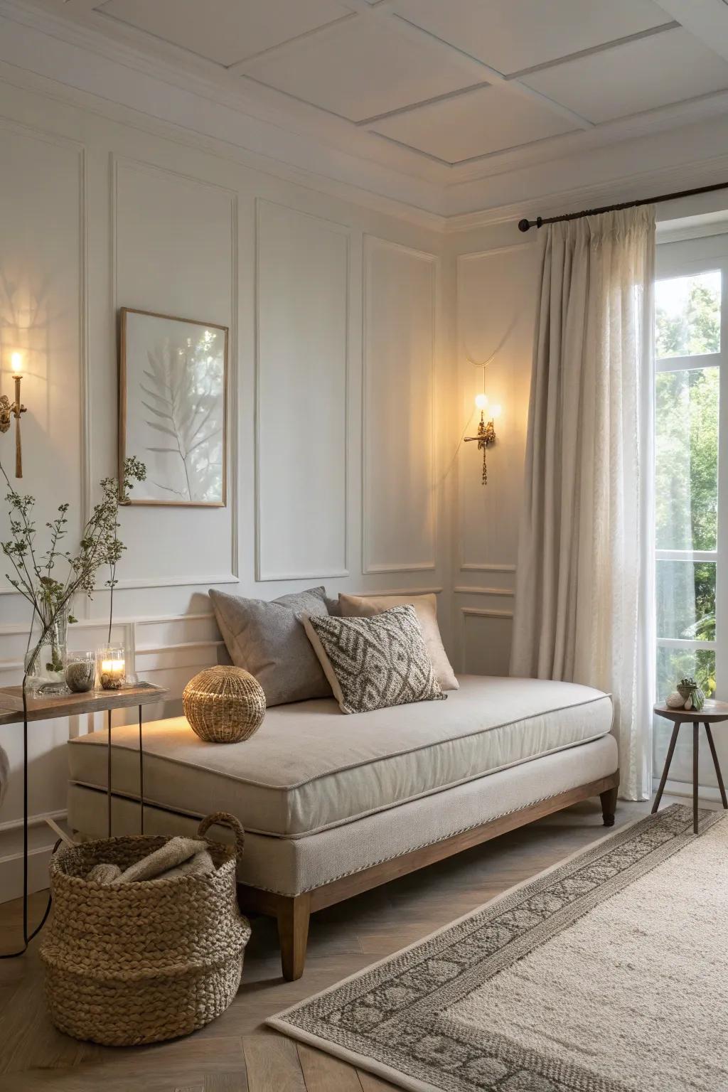 A neutral-toned daybed arrangement that promotes harmony and tranquility.